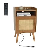 AWASEN Mid Century Nightstand with Charging Station, Rattan NightStand with Storage, Bedside Table E