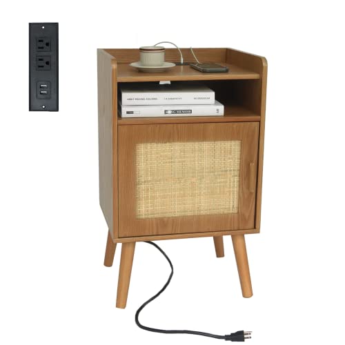 Awasen Mid Century Nightstand With Charging Station, Rattan Nightstand With Storage, Bedside Table End Table With 2 Tiers Shelf Space For For Bedroom,Living Room, Brown Walnut #TOP11