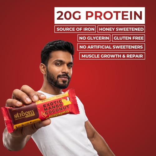 Image of STROOM Asia's First Centre Filled Protein Bars | Exotic Mango Coconut | 20g Quality Protein bars | Source of Iron & Calcium l Gluten Free l Natural Anti-oxidants l 5 Bars 63 Grams Each