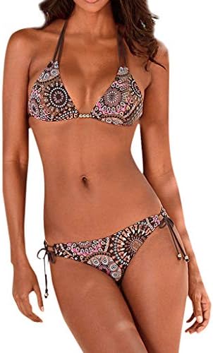 Msaikric Tiny Bikinis For Women Sexy: Swimsuit Women Push-Up Halter Bralette Bikini Set Girls Bandage Cheeky High Waisted Bathing Suit Criss Cross Two-Piece Suits Brown-1, X-Large