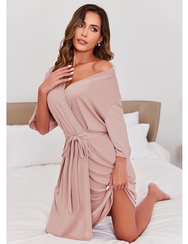 Image of Ekouaer Short Robes for Women Lightweight Kimono Robes Knit Bathrobe Soft Sleepwear with Pockets S-XXL