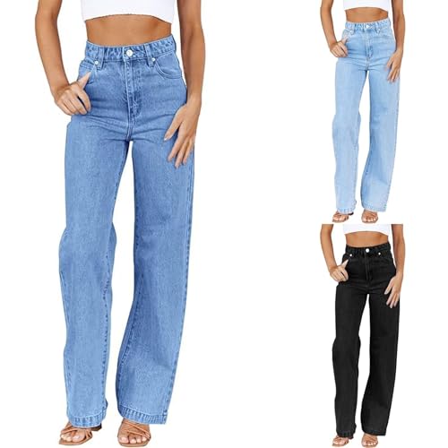Generisch Pantalon en jean droit pour femme, style baggy, coupe longue, jambe large | Jean taille haute léger surdimensionné avec boutonnage, pantalon de loisirs | Coupe pour la randonnée, élastique