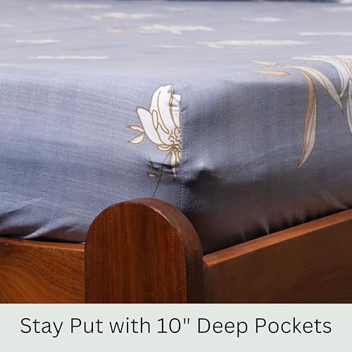 Image of Amazon Brand - Umi Cotton Elastic Fitted Bedsheet, King Size 78x72 Inches, Elastic Fit Bed Sheet, 10 Inch Deep Pocket, Soft Breathable Bedding, Durable Easy Care, with Pillow Cover-Lunar Flora