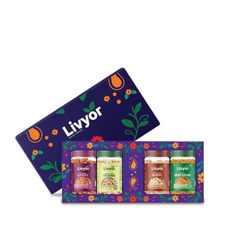 Image of Livyor Premium Dry Fruits Combo Pack for eating - 400g | 100g each | Cashews, Pistachios, Almonds, Green Raisins | Family Snacks Pack | Winter Essentials | Combo of 4 Healthy Assortments | Dry Fruits & Nuts Combo | Nutrient-Rich Treats for Family | Healthy and Tasty | Gourmet Snack | Best Gifting Option | Pack of 4