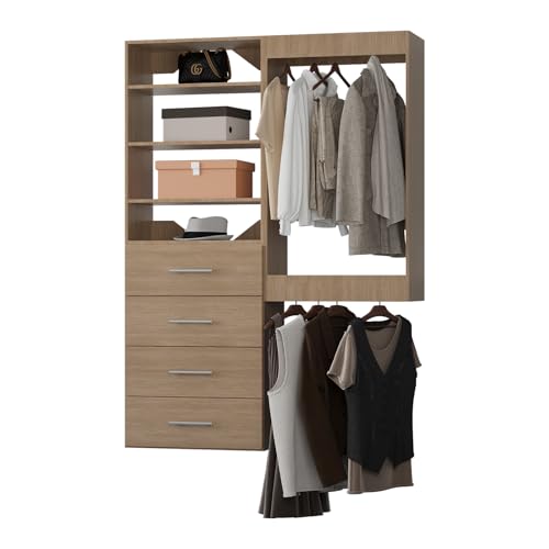 ROOMTEC Modular Closet System, 40' Wall-Mounted Closet Organizer with Drawers and Hanging Rods, Wooden Tower for Walk-In Closets, Wardrobe Storage Kit, Wood