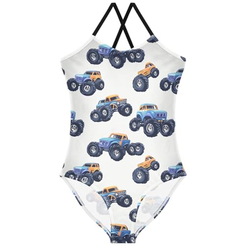 Pigsaly Girls One Piece Swimsuits Blue Monster Truck Kids Cross Back Swimwear Toddler Beach Sport Bathing Suit 3T