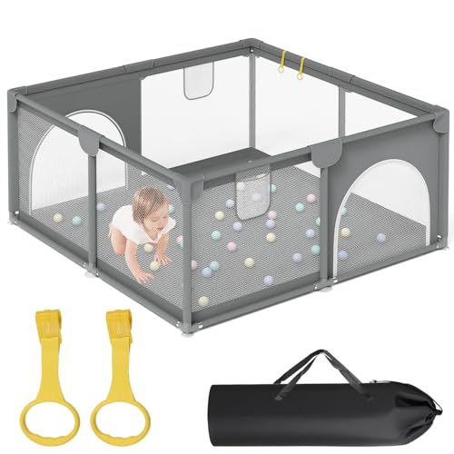 Eikuavons Parque infantil portátil de 130 x 130 x 60 cm, para interior y exterior, red transpirable, 2 entradas con cremallera, color gris, con bolsa de viaje