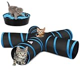 Pawaboo Cat Tunnel, Premium 5 Way Tunnels Extensible Collapsible Cat Play Tunnel Toy Maze Interactive Tube Toy Cat House with Pompon and Bells for Cat Puppy Kitten Rabbit, Black & Light Blue