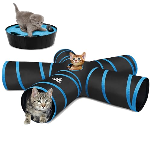 Image of Pawaboo Cat Tunnel, 5 Way Tunnels Extensible Collapsible Cat Play Tunnel Toy Maze Interactive Tube Toy Cat House with Pompon and Bells for Cat Puppy Kitten Rabbit, Black & Light Blue