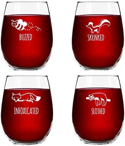 Cute Sayings About Wine Funny Stemless Wine Glass Set | Animal Pack Set Of 4 Glasses | Buzzed,  Infoxicated, Skunked And Slothed | Novelty Glasses With Cute Sayings For  Women, Her | Quality Made In Usa: