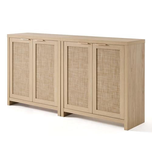 Image of OAKHAM HOME Rattan Sideboard Buffet Cabinet with Storage, Boho Farmhouse Credenza with Adjustable Shelves, Decorative Coffee Bar Cabinet for Living Room & Entryway Organization, Light Oak, 2 PCS | Buffet Cabinet with 2 Soft-Close Doors, Adjustable Shelves and 110 lbs Top, For Living Room, Kitchen, Entryway