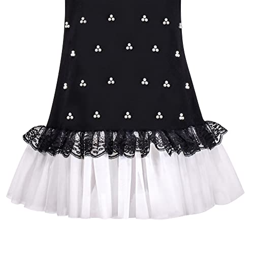 Sunny Fashion Girls Black Tee Dress Pearl Lace White Mini Tulle Casual Size 5-104