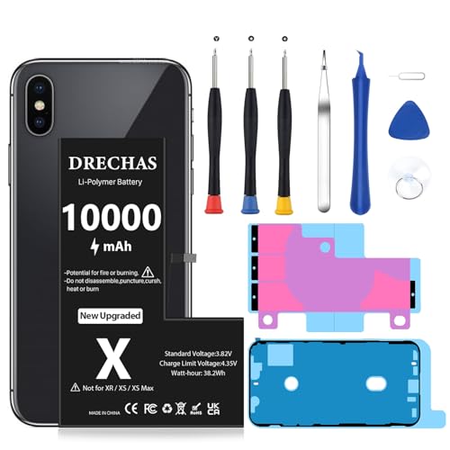 DRECHAS [10000mAh] Battery for iPhone X 2026 New Upgraded High Capacity 0 Cycle Li-Polymer Replacement Battery for iPhone X Models A1865 A1901 A1902
