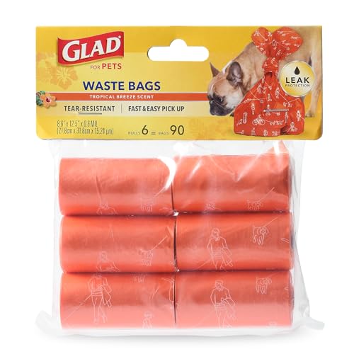 Image of Glad for Pets Heavy Duty Dog Poop Bags, Scented Leak-Resistant Waste Bags with Fun Print Design, Tear-Resistant for Confident Pickup, Fits Standard Dispensers, 6 Rolls, 90 Count - 6 Pack