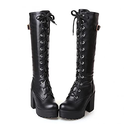 Hbeylia Platform Knee High Combat Boots For Women Ladies Fashion Punk Goth Leather Lace Up Round Toe Wedge Chunky Block High Heels Knee Length Long Boots Vintage Gothic Motorcycle Riding Tall Boots4