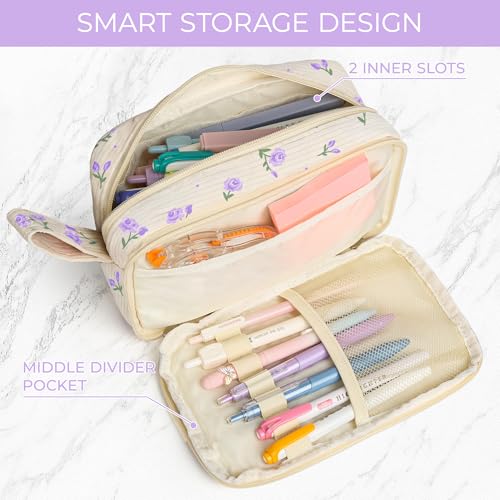 Image of WOBAGMEN Cute Pencil Case,Large Corduroy Zippered Pencil Case Pouch, aesthetic Pencil Bag with Compartments, Pencil Pouch School Supplies (HY-corduroy pc-purple floral)