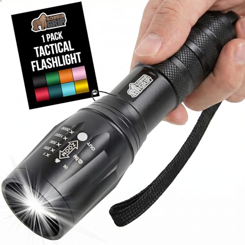GORILLA GRIP Powerful LED Tactical Flashlight, 750 FT High Lumens 5 Adjustable Modes, Water Resistant, Ultra Bright Zoom Flashlights, Small Mini Flash Light, Camping, Night Dog Walking, Black