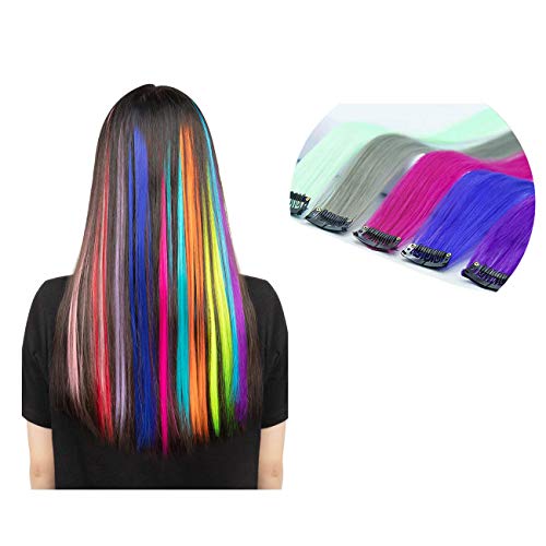 Bybrana Hair 22 Inch Color Party Highlights Straight Hair Clip Extension. Multi-Color Heat-Resisting Synthetic Hair Extension for Party and Party Occasions (18 Pieces)