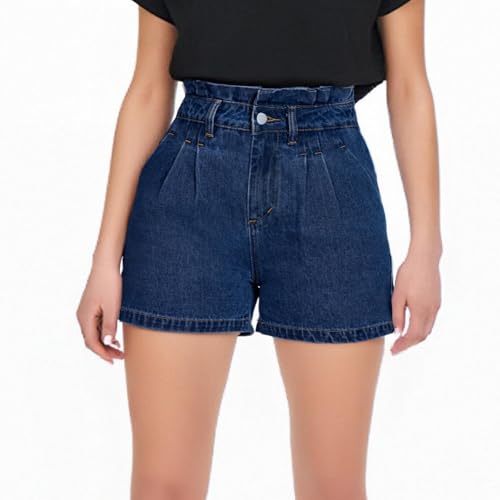 Poo4kark Short en Jean Vintage à Volants et Taille Haute pour Femme (Dark Blue-c, M)