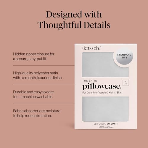 Image of Kitsch Satin Pillowcase with Zipper for Hair & Skin - Softer Than Silk Pillow Cases, Smooth Cooling Satin Pillow Case, Wrinkle-Free, Machine Washable - Pillow Cases Standard Size (19x26) - Silver