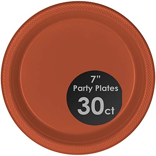 DecorRack 30 Small Plastic Plates, Heavy Duty 7 inch Colored Plastic Dinner Plates, Disposable Party Ware for Kids Birthday, Cake Dessert Plates, Holiday Tableware, Orange (Pack of 30)