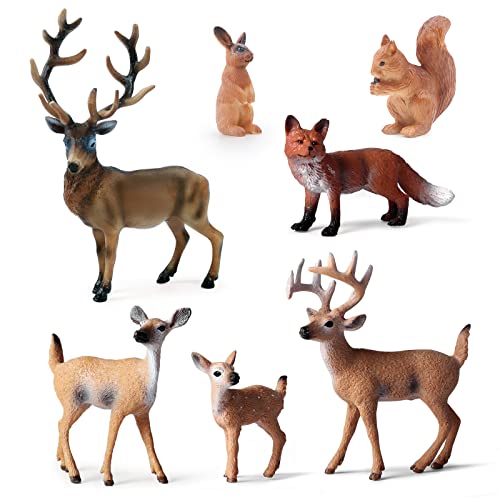 SIENON 7Stück Waldtiere Figuren Spielzeug, Tiere mit Hirsch Familie, Elch, Fuchs, Kaninchen, Eichhörnchen für Woodland Kuchen Cupcake Toppers Weihnachten Party Deko