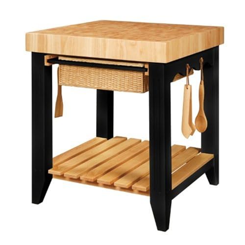 HomeStock Farmhouse Fresh Square Kitchen Island with Butcher Block Top, 30' W x 30' D x 36.38' H, Black/Natural, 4 Utensil Hooks, and Adjustable Glides