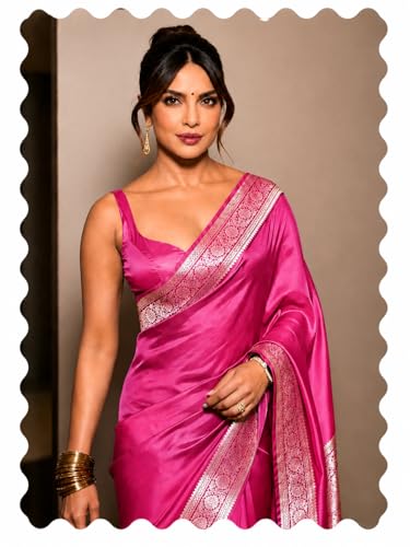 Image of Women's Glory Womens Satin Saree with Silver Woven Border | Elegant Plain Glossy Silk Saree for Party, Wedding, Reception & Festive Style with Unstitched Blouse Piece