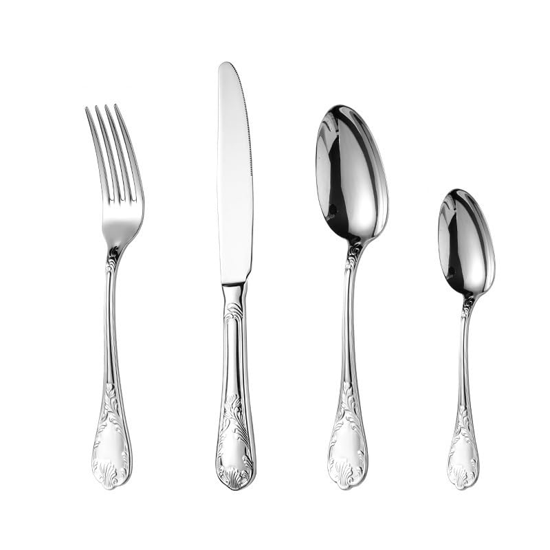 Ce Service de Couverts Comprend 10 cuillères et fourchettes en Acier Inoxydable avec Manches sculptés à Motifs décoratifs. Un Ensemble Luxueux et Unique pour la Maison. Couleur Argent. 32 pi
