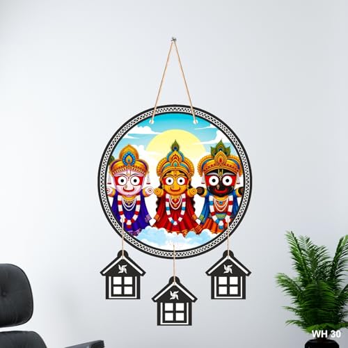 Image of Lord Jagannath Wall Hanging for Home Decor | Jagannath Puri Wooden Decorative Wall Art | Spiritual Mandir Decoration for Living Room, Pooja Room, Office | Indian Traditional Wall Decor, WH30