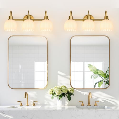 Image of Bathroom Light Fixtures, 3-Light Gold Vanity Light Fixtures with White Tulip Glass Shades, Bathroom Lighting Fixtures Over Mirror for Bedroom, Living Room & Hallway (Bulbs Not Included)