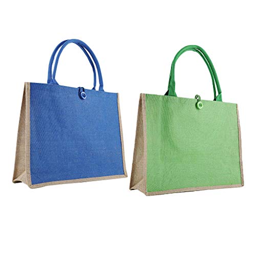 kowaku 2x Mulheres Casual Ombro Bolsa Linho Color Block Tote Bag - Verde + azul