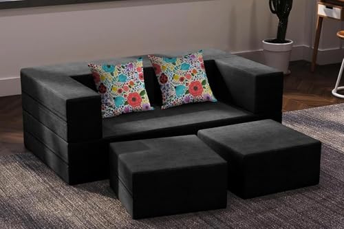 Image of Rosebell 5x6 Feet C-Type Sofa Bed | Jute Fabric with Removable Washable Cover | Foldable 2-Seater with 2 Pouffes | Ideal for Living Room & Office - Black Color