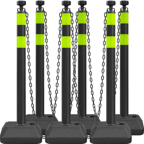 OranLite 6 Pack Chain Post Barriers, Reflective Delineator Post Cones with Heavy-Duty Bases, Crowd Control Stanchion Set for Traffic Control Parking (Water-Fillable Base Set, Black Green)
