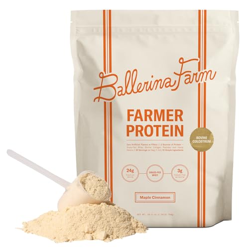 Ballerina Farm Grass Fed Whey Protein Powder Maple Cinnamon 24g Protein with Collagen Peptides Bovine Colostrum Hemp Hearts & Prebiotic Fiber No Artificial Ingredients 20 Servings