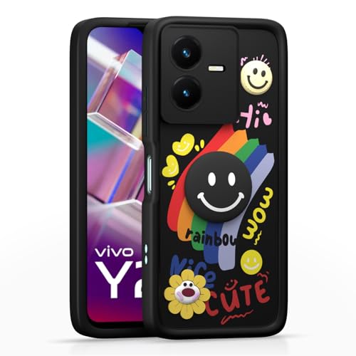 Image of Pikkme Back Cover for Vivo Y22 | Soft Silicone| Cute Rainbow Smile & 3D Cartoon Flower Design | Shockproof Raised Camera Protection Bumper Case (Black)