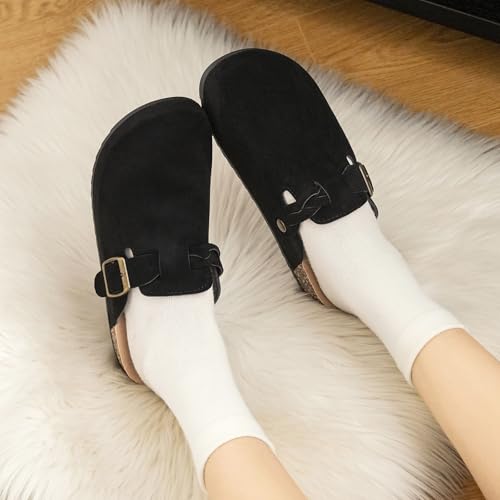 Women's Suede Clogs Mens Leather Mules Comfort Cork Footbed Sandals with Arch Support and Adjustable Buckle4