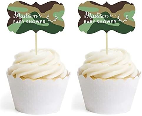 Andaz Press Kit personalizado para decoración de cupcakes para baby shower, estampado de camuflaje, doble cara, paquete de 18, nombre personalizado