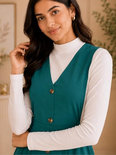 Image of WineRed Women Soild Pinafore Dress with Button
