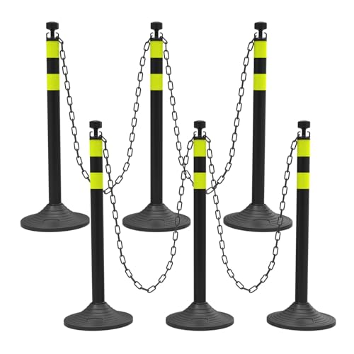 Image of 6 Pack Traffic Delineator Post Cones with Chain Stanchion, Black Crowd Control Safety Barrier Posts with Heavy Duty Base for Parking Lots, Warehouses and Construction Safety (Black)
