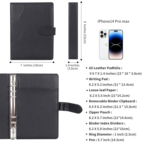 Wason Cuaderno de Cuero PU A5 con Papel Recargable, Carpeta de Anillas Extraíbles con Portapapeles, Bloc de Notas y Bolígrafo para Viajes, Negocios, Organizador de Escuela (Negro) - imagen 5