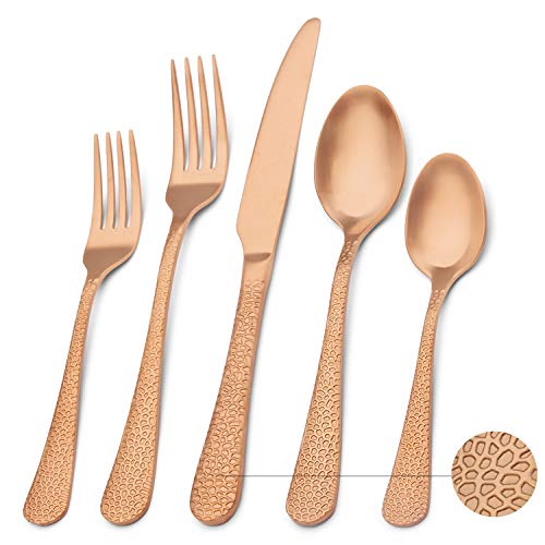 Matte Rose Gold Silverware Set - GIOCOCO 20 PCS Stainless Steel Flatware Set Service for 4, Durable Utensils Set Dishwasher Safe Cutlery Set, Hammered Tableware Set for Home Kitchen and Restaurant