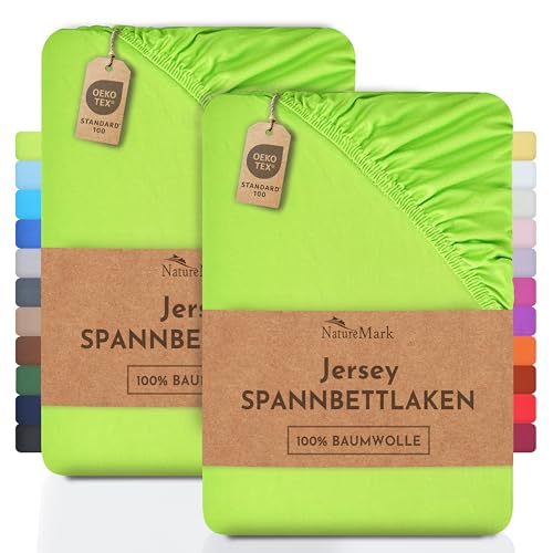 NatureMark 2er Pack Jersey Spannbettlaken, Spannbetttuch 100% Baumwolle in vielen Größen und Farben MARKENQUALITÄT ÖKOTEX Standard 100 | 90 x 200 cm - 100 x 200 cm - Apfel grün