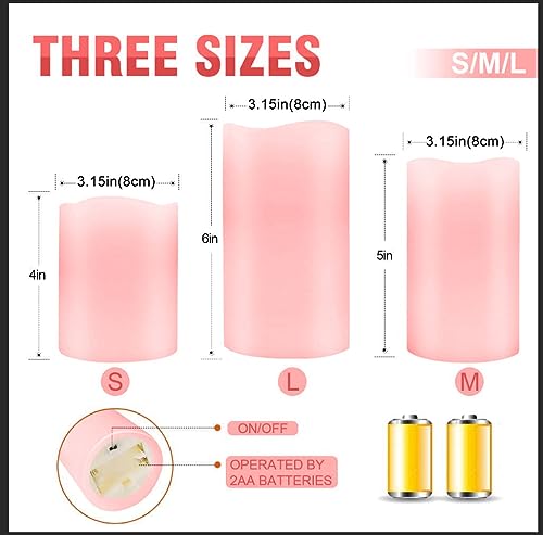 Image of JUNPEI Flameless Led Battery Operated Candles: Flickering Electric Candles 4 inch 5 inch 6 inch Set of 3 Real Wax 10-Key Remote Control with 2 /4 /6 /8-hours Timer Function,Cycling 24 Hours Timer, 300+ Hours (Pink)