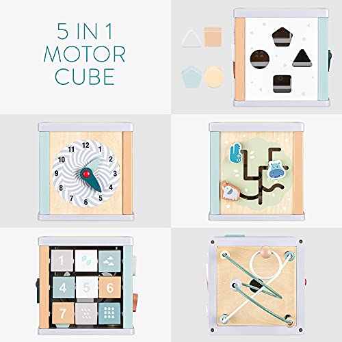 Navaris Cube d'activité en Bois – pour Enfants de Plus de 18 Mois – 5 activités d’éveil en 1 – Jeux éducatifs boulier Labyrinthe Heure