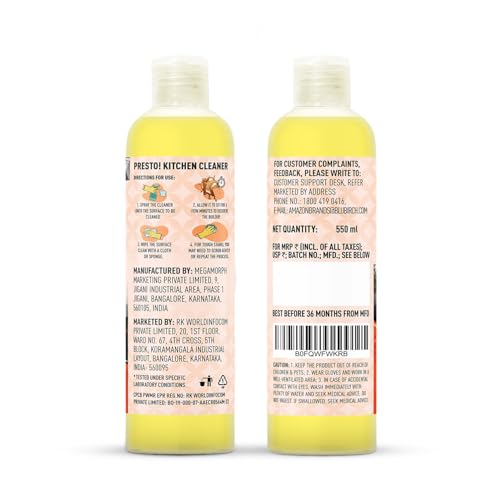 Image of Amazon Brand - Presto! Kitchen Cleaner | 1.1 L | 550 ml x Pack of 2 | Tough Grease & Grim Remover | Restores Sparkling Shine | Suitable For A Gas Stove, Chimney, Tiles