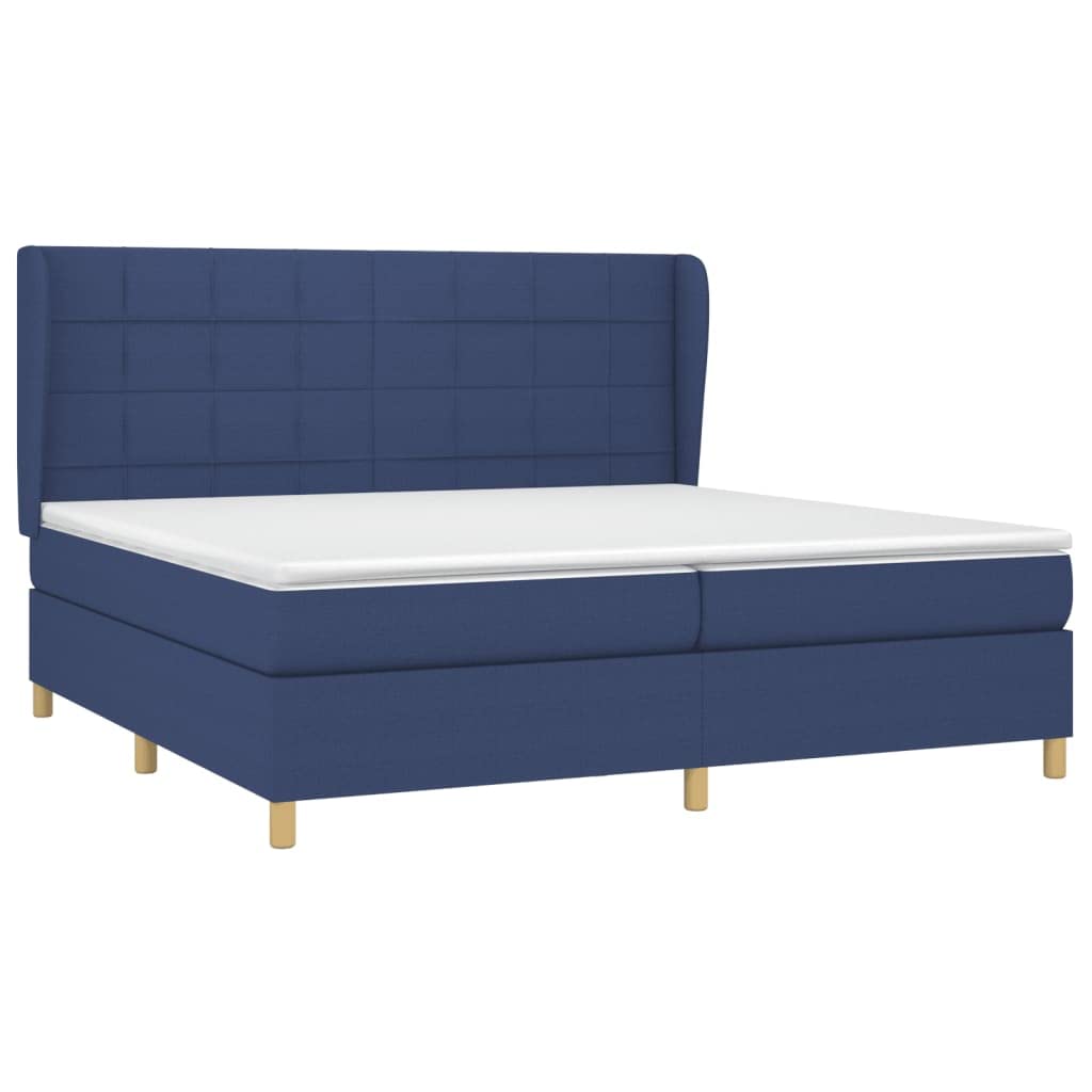 Letto a molle con materasso blu, 200 x 200 cm, in tessuto, con testiera, letto matrimoniale, con coprimaterasso e molle insacchettate, per chi dorme sulla schiena e sulla pancia