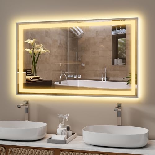 YU YUSING Grand Miroir de Salle de Bain LED 100x60cm, Miroir Lumineux Mural 3 Couleurs de Lumière Réglables, Cadre Métallique, Affichage L'heure,...