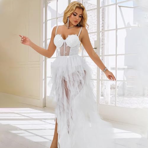 Tulle Prom Dresses for Women, Glitter Lace A Line High-Low Ruffled,Corset Party White Tulle Gown with Slit3
