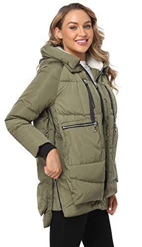 FADSHOW Women's Winter Thickened Down Jackets Long Down Coats Warm Parka with Hood,Army Green,L